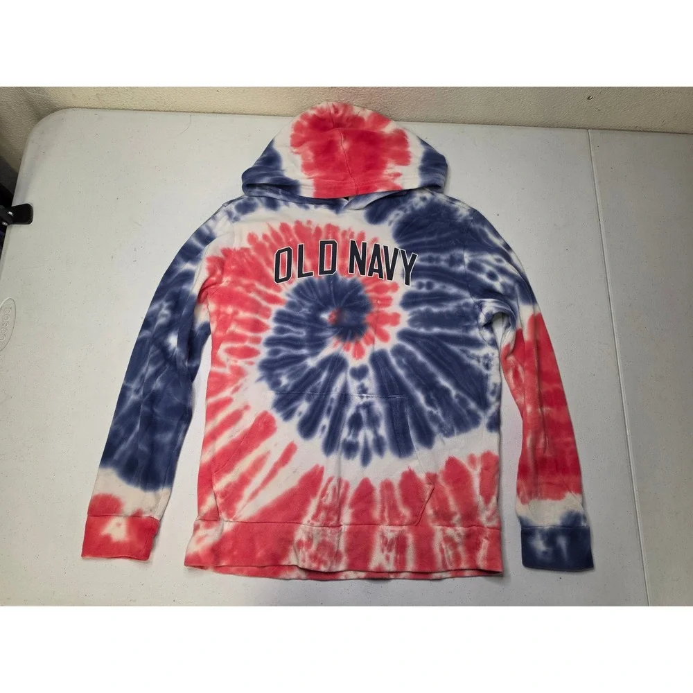 Old Navy Boys Large 10-12 Red White Blue Tie Dye Logo Pullover Hoodie Sweatshirt